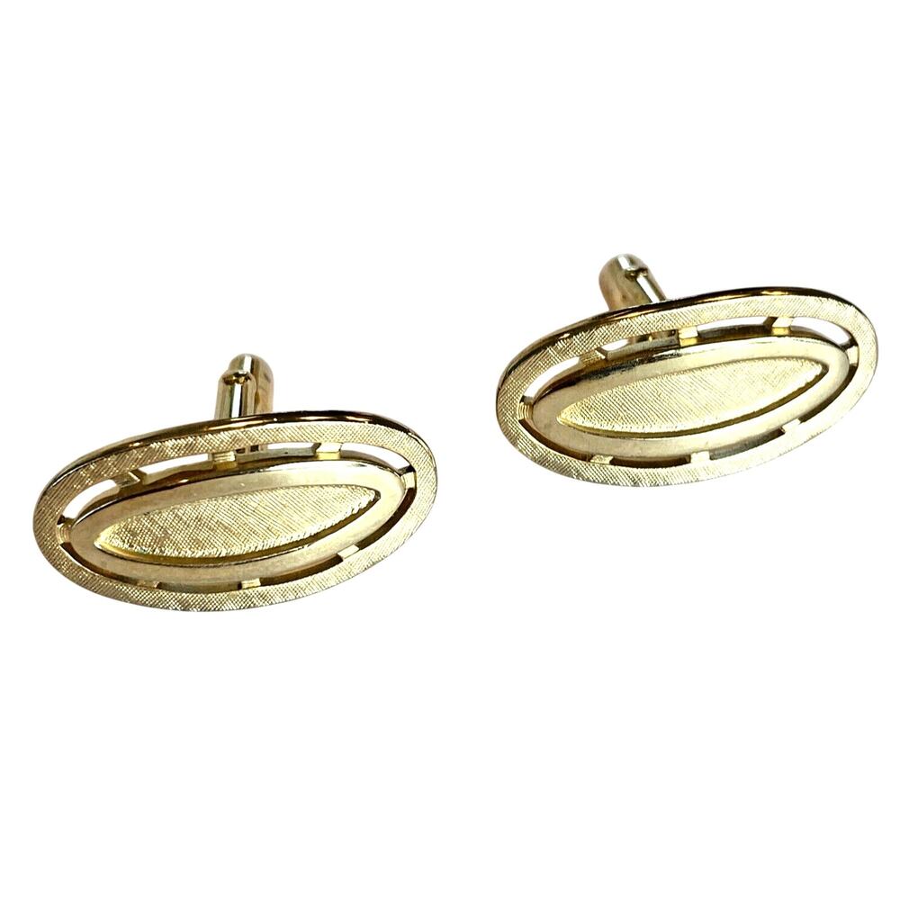 Vintage Swank Cufflinks Etched Brushed Goldtone Mid Century Modern 70's Ovals